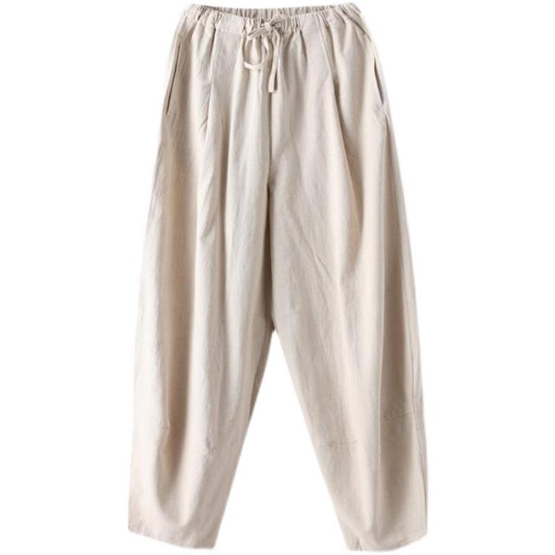 Pantalones deportivos de algodón y lino pantalones de verano de los hombres sueltos extra grandes pantalones de pierna ancha estilo chino cintura elástica tobillo-atado bloomers de práctica