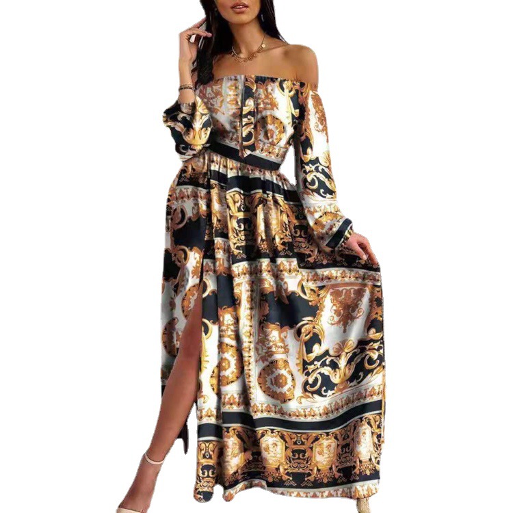 Cross-border 2025 European and American summer women's dress round neck temperament commuting elastic waist casual large swing printed skirt