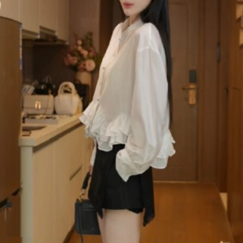 早秋女装2025新款白色长袖衬衫女高级感轻奢荷叶边法式小资上衣潮|undefined