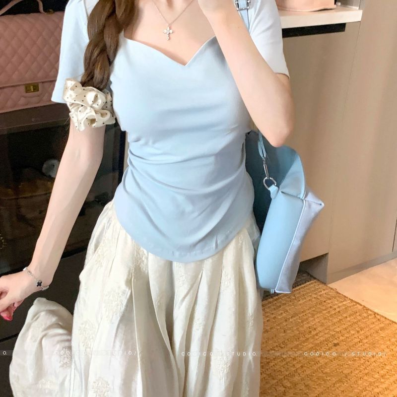 大码方领泡泡袖短袖t恤女夏季2025新款胖mm宽松显瘦遮肉外穿上衣|undefined