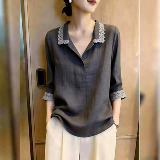 超好看时尚高级感通勤风蕾丝翻领上衣女深灰色气质百搭休闲风衬衫