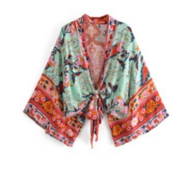 2024 New European and American Fashion Printed V-Neck Bat Wing Sleeve Bohemian Blouse