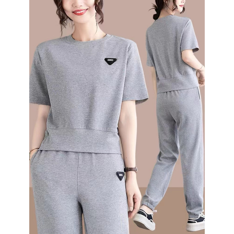 Cotton blend women's sportswear set, summer 2024 new collection, plus size, loose fit, round neck, short-sleeved, casual running outfit, stylish two-piece set