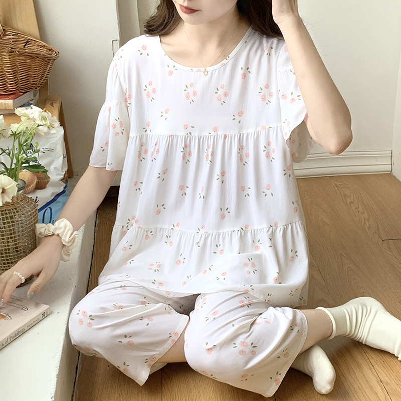 Pijamas de seda de algodón de manga corta de verano Estilo occidental de las mujeres aire acondicionado Delgado desgaste del hogar Chica japonesa dulce estudiante de algodón traje de seda