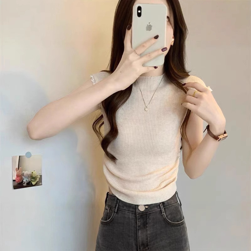 Lace Splicing Round Neck Knitted Short-Sleeved T-Shirt for Women Summer Pleated Slim Fit Inner Design Slim Short Top