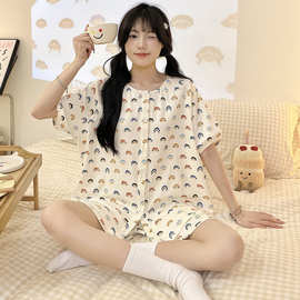 睡衣女士夏季纯棉短袖短裤新款可爱外穿夏天大码开衫家居服套装