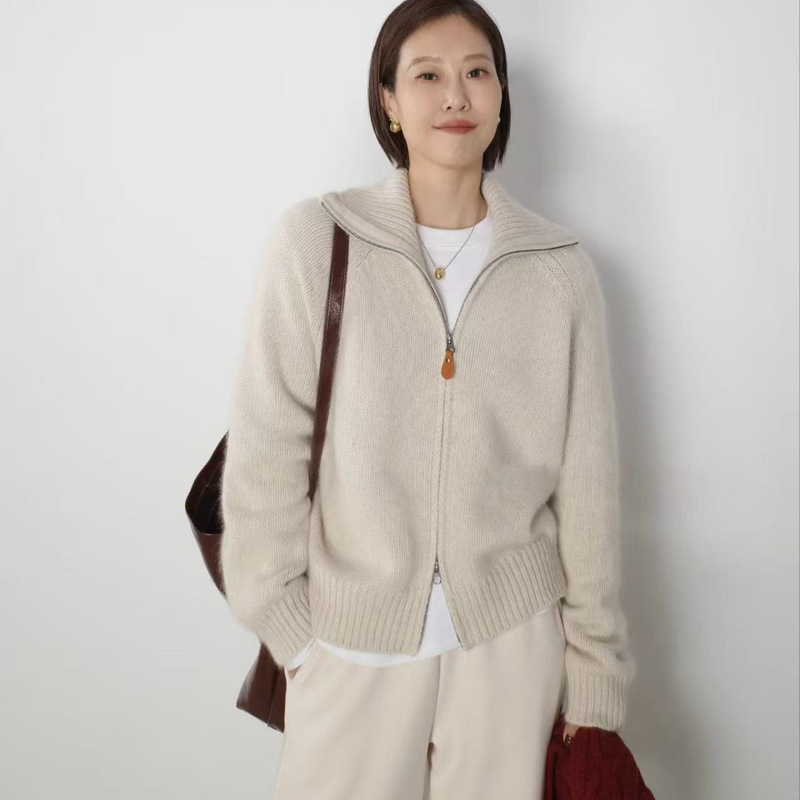 Cashmere Cardigan for Women, Solid Color, New Autumn and Winter Style, Zipper, High Collar, Loose, Thickened Cashmere Coat, Knitted Top
