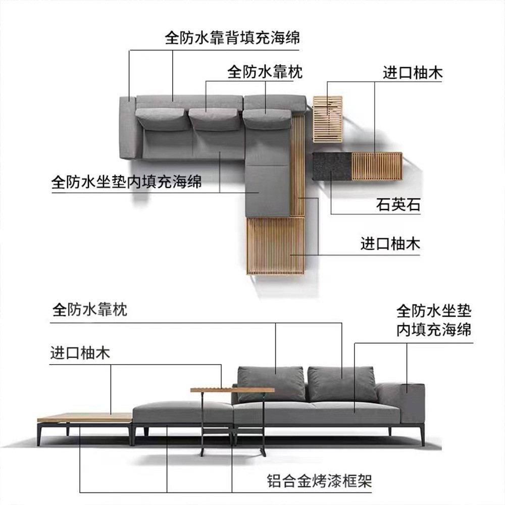 Nórdico ratán sofá muebles patio jardín Villa balcón al aire libre Hotel ocio al aire libre teca sofá combinación