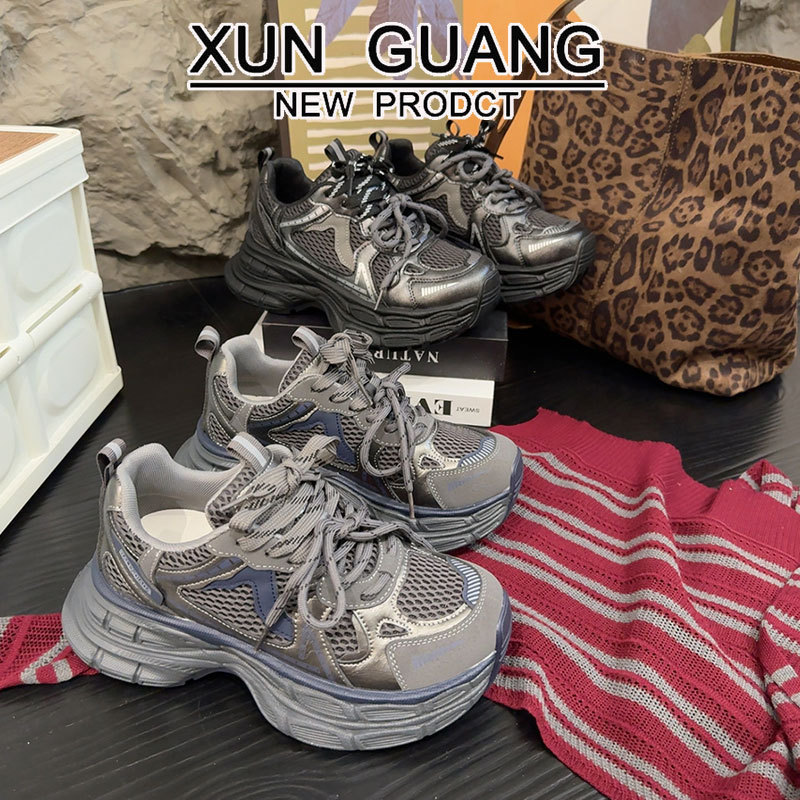 真皮厚底老爹鞋女款2025秋冬季新款百搭增高鞋子女网面休闲运动鞋|undefined