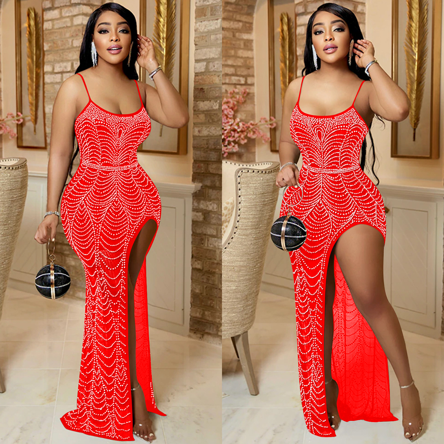 AliExpress nuevo Amazon moda europea y americana color sólido Correa irregular rhinestone vestido mujeres image 3