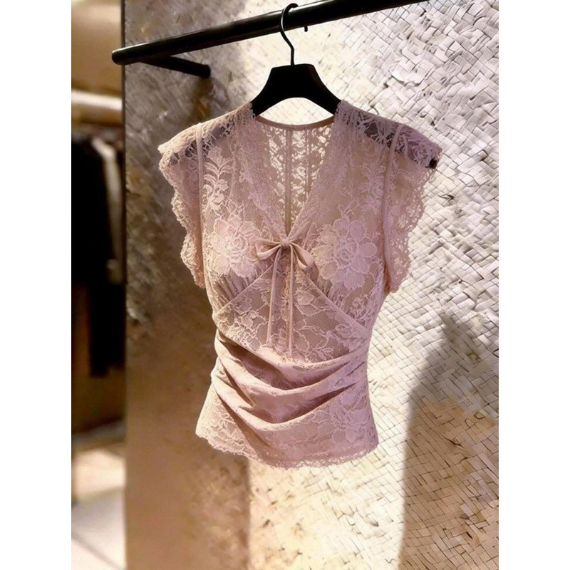 Unique and Beautiful Lace-Up V-Neck Thin Top, Summer Women's Pink Slightly Sheer Pleated Short-Sleeved Shirt Unique and Beautiful Lace-Up V-Neck Thin Top, Summer Women's Pink Slightly Sheer Pleated Short-Sleeved Shirt