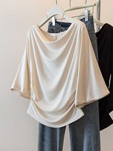 大码一字领七分中袖t恤2025夏季新款胖mm宽松显瘦褶皱喇叭袖上衣