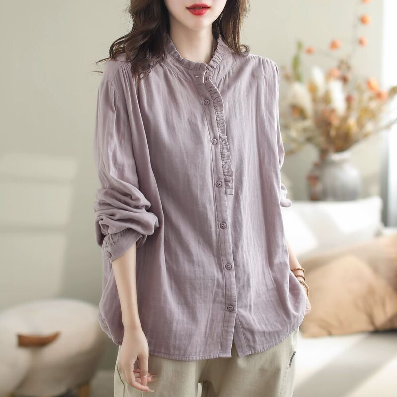 Spring and summer cotton and linen long-sleeved shirt women's new autumn casual top stitching versatile women's cardigan shirt wooden ear