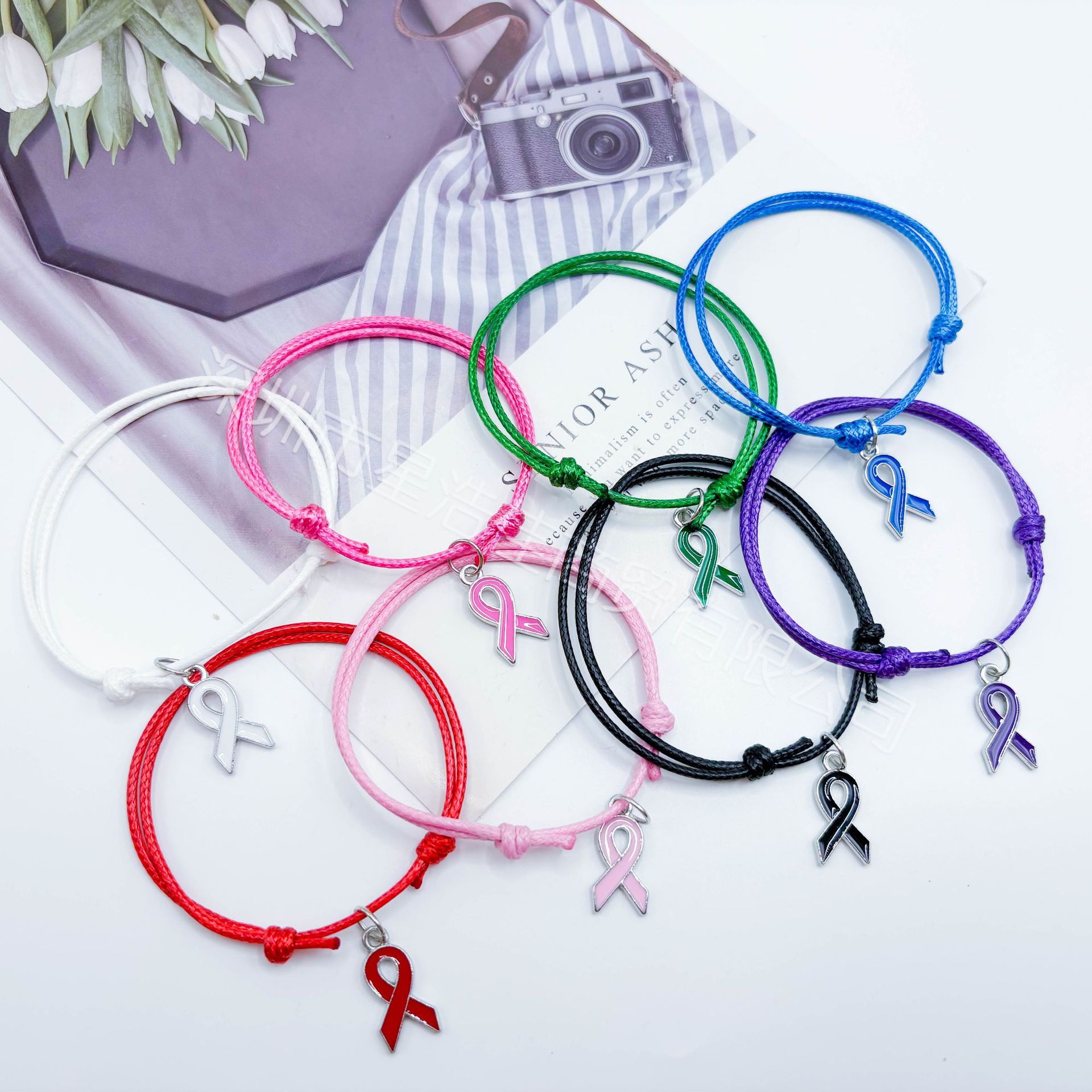 跨境新款关爱女性健康饰品 多色丝带手链 爱乳日可抽拉手绳节日礼