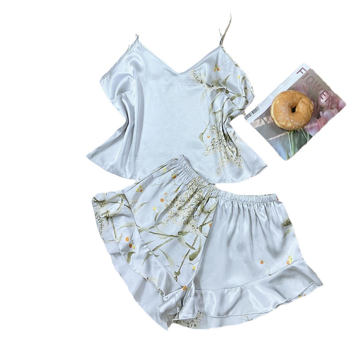 Transfronterizo de primavera y verano de seda artificial pijamas de dos piezas traje de moda impreso pantalones cortos ropa de casa traje sexy vestido de Liga