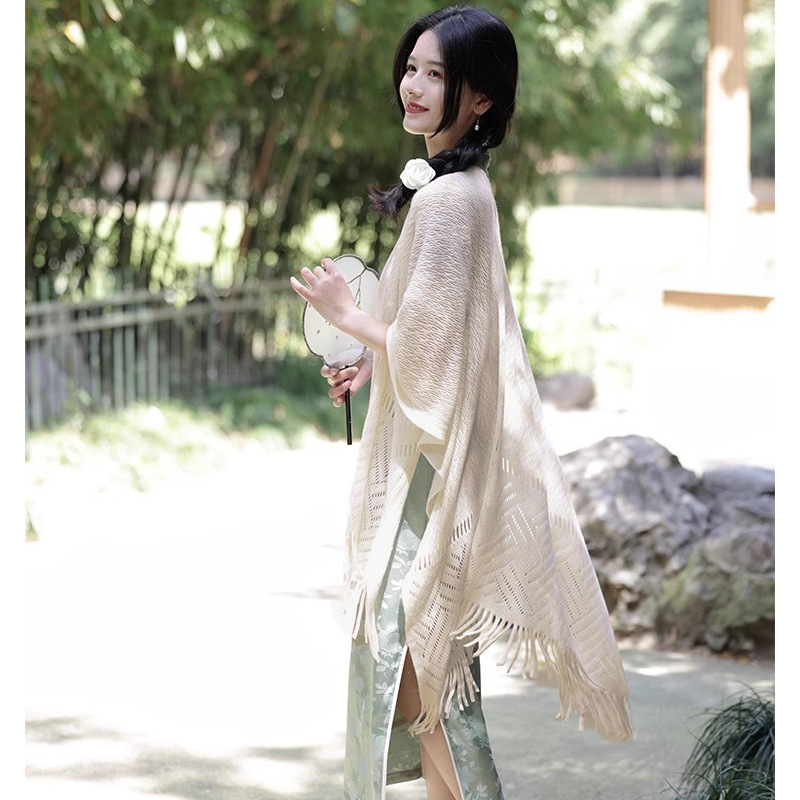 Retro fresco 2024 flor de cadena de verano fino hueco literario estilo perezoso cárdigan con chal exterior cheongsam