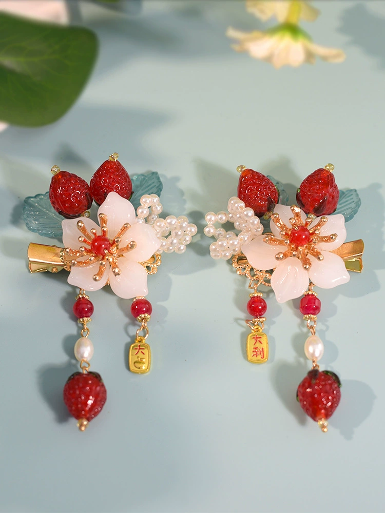 Детский головной убор ханьфу древний костюм шаг зажим для встряхивания аксессуары в древнем стиле кисточка лед и снег клубника шпилька для волос боковой зажим для девочек аксессуары для волос