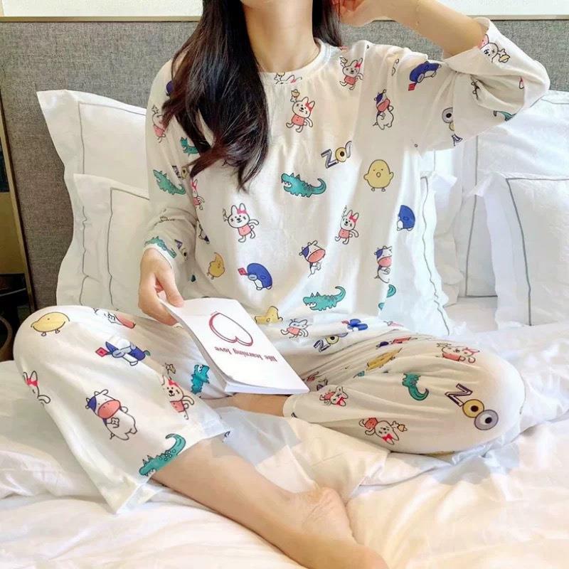 긴 소매 잠옷 여자의 봄과 가을 플러스 사이즈 잠옷 여자의 여름 한국 스타일 아웃웨어 여자의 잠옷 플러스 뚱뚱한 가정 옷 세트