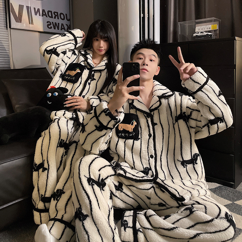 Autumn and Winter Couple Pajamas for Women, Coral Fleece, Thickened and Fleece-Lined, Warm Cartoon Flannel, Teen Boys' Loungewear