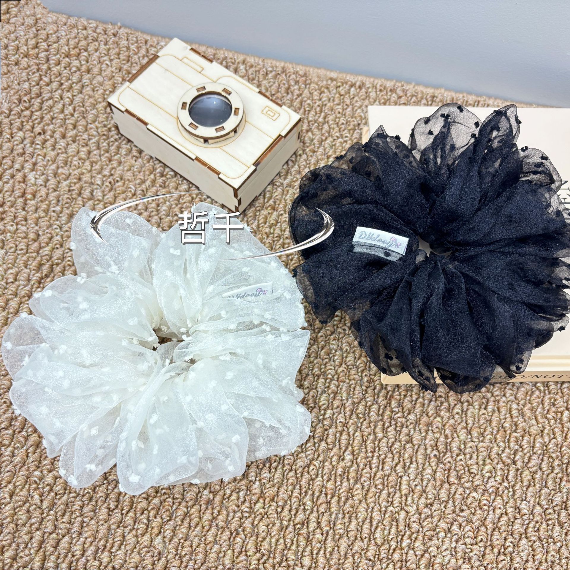 한국 오니 대형 메쉬 도트무늬 헤어밴드 프렌치 스타일 슈퍼 페어리 헤어밴드 루즈핏 헤어 액세서리 여성용 헤어끈