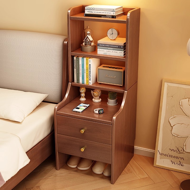 Nordic Solid Wood Bedside Table with Bookshelf Integrated High Bedside Storage Cabinet Small Apartment Heightened Storage Rack Storage Rack