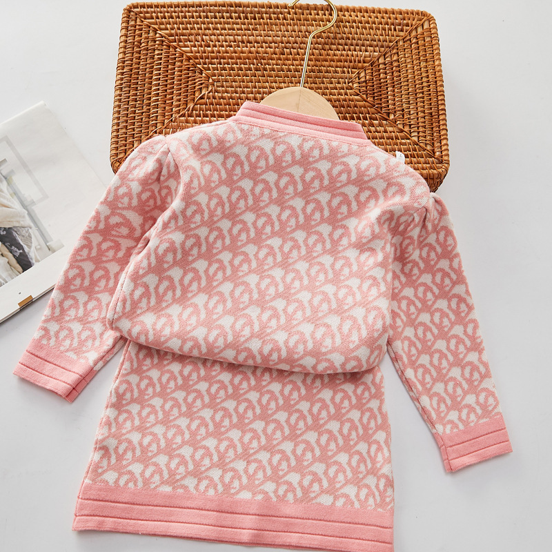 Girls' Sweater 2022 Autumn/Winter Small Fragrant Wind Children's Knitted Cardigan+Half Skirt Two Piece Set_voghion.com