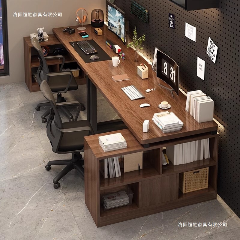 Double Computer Desk, Desktop Gaming Table, L-Shaped Desk with Integrated Bookshelf, Side-By-Side Home Office Desk, Corner Table Double Computer Desk, Desktop Gaming Table, L-Shaped Desk with Integrated Bookshelf, Side-By-Side Home Office Desk, Corner Table