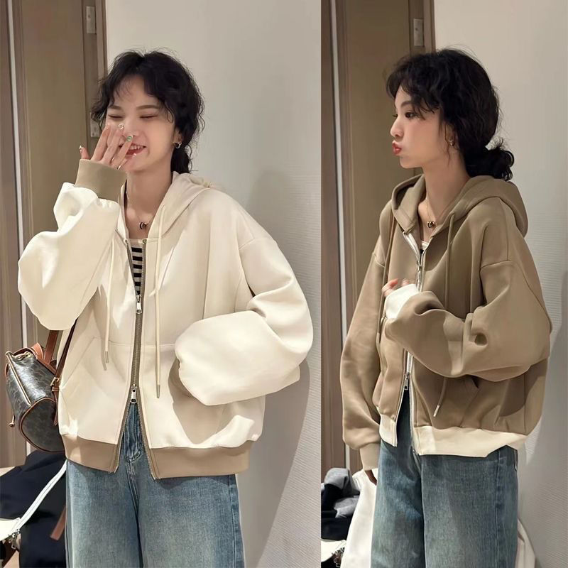 连帽欧货复古拼色卫衣短外套2025春秋双拉链显瘦百搭休闲上衣女冬
