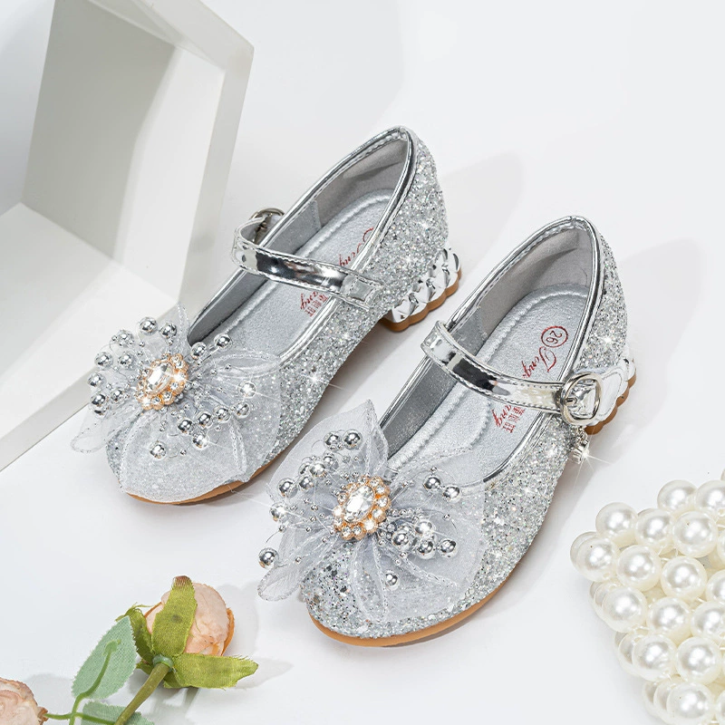 Туфли на каблуках для девочек 2024 весна и осень новые хрустальные кожаные туфли с платьями