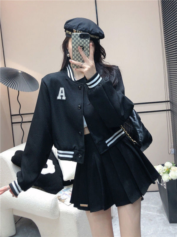 套装女宽松高级感学院风棒球服休闲运动bf风外套百褶裙两件套复古|undefined