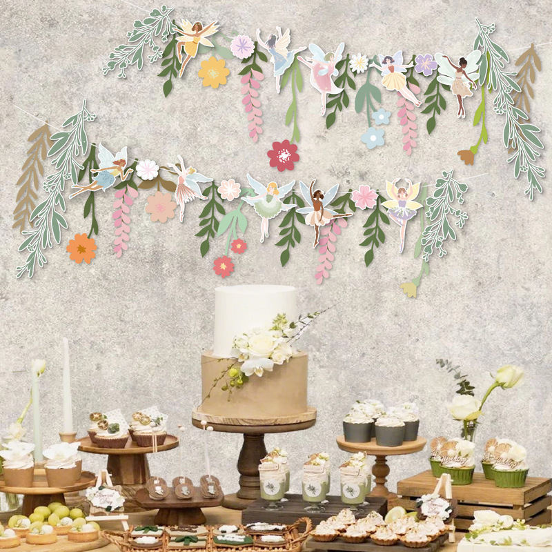 2025 New Ins Style Latte Art Holiday Flower Fairy Leaf Set Hanging Decoration Birthday Decoration Flower Banner