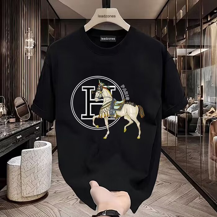 European Station 2024 Summer New Short-Sleeved Men's T-Shirt Printed Gold H Horse Trendy Brand Cool Long-Staple Cotton Low-Key Luxury European Station 2024 Summer New Short-Sleeved Men's T-Shirt Printed Gold H Horse Trendy Brand Cool Long-Staple Cotton Low-Key Luxury