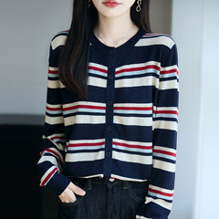 【厂家直供】早秋新款圆领条纹针织上衣女时尚百搭短款毛衣外搭衫