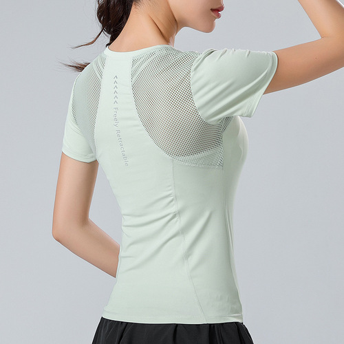  spring and summer yoga sports fitness tops round neck mesh breathable quick-drying short-sleeved tight elastic T-shirt