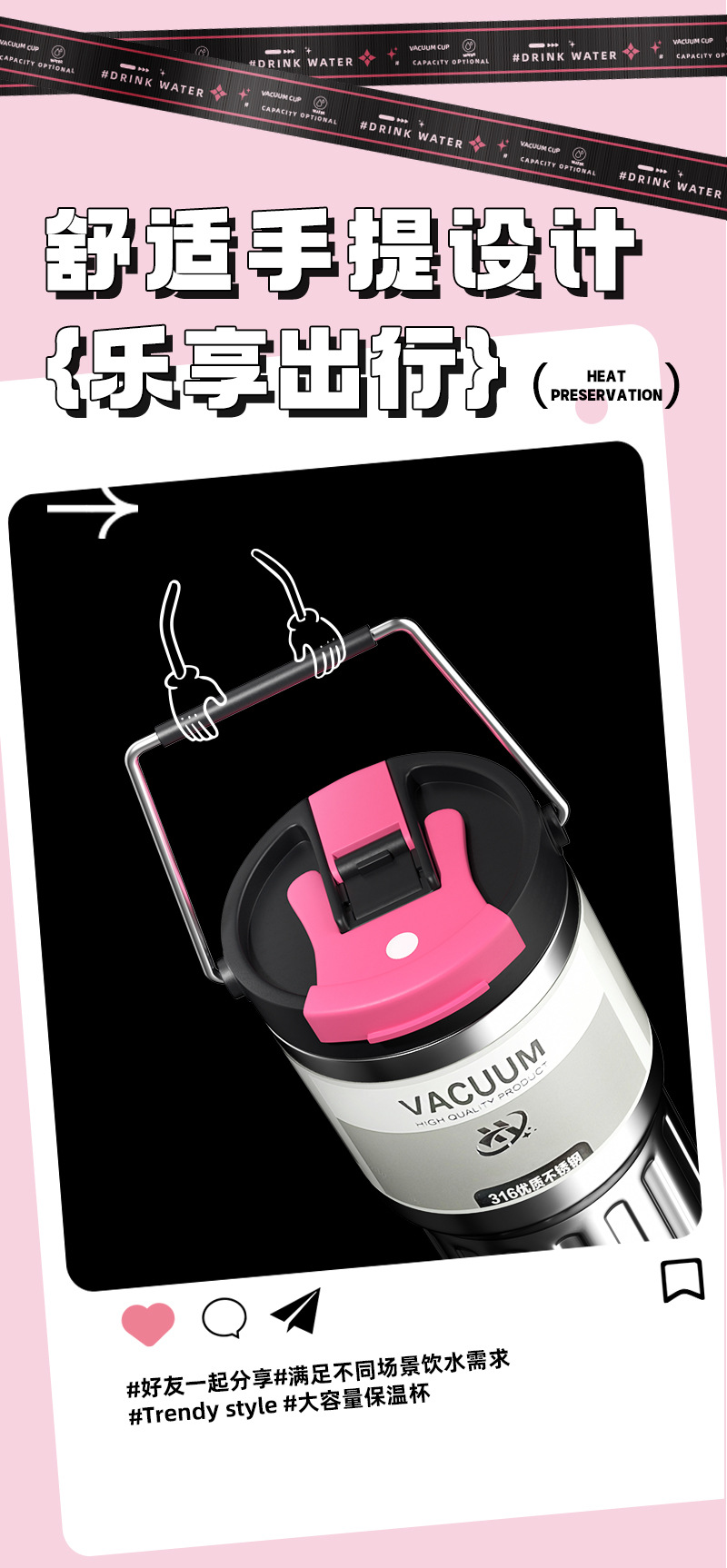 【中国直邮】TIMESWOOD 渐变大容量水杯 800ML-紫色 保温杯 提手健身水杯