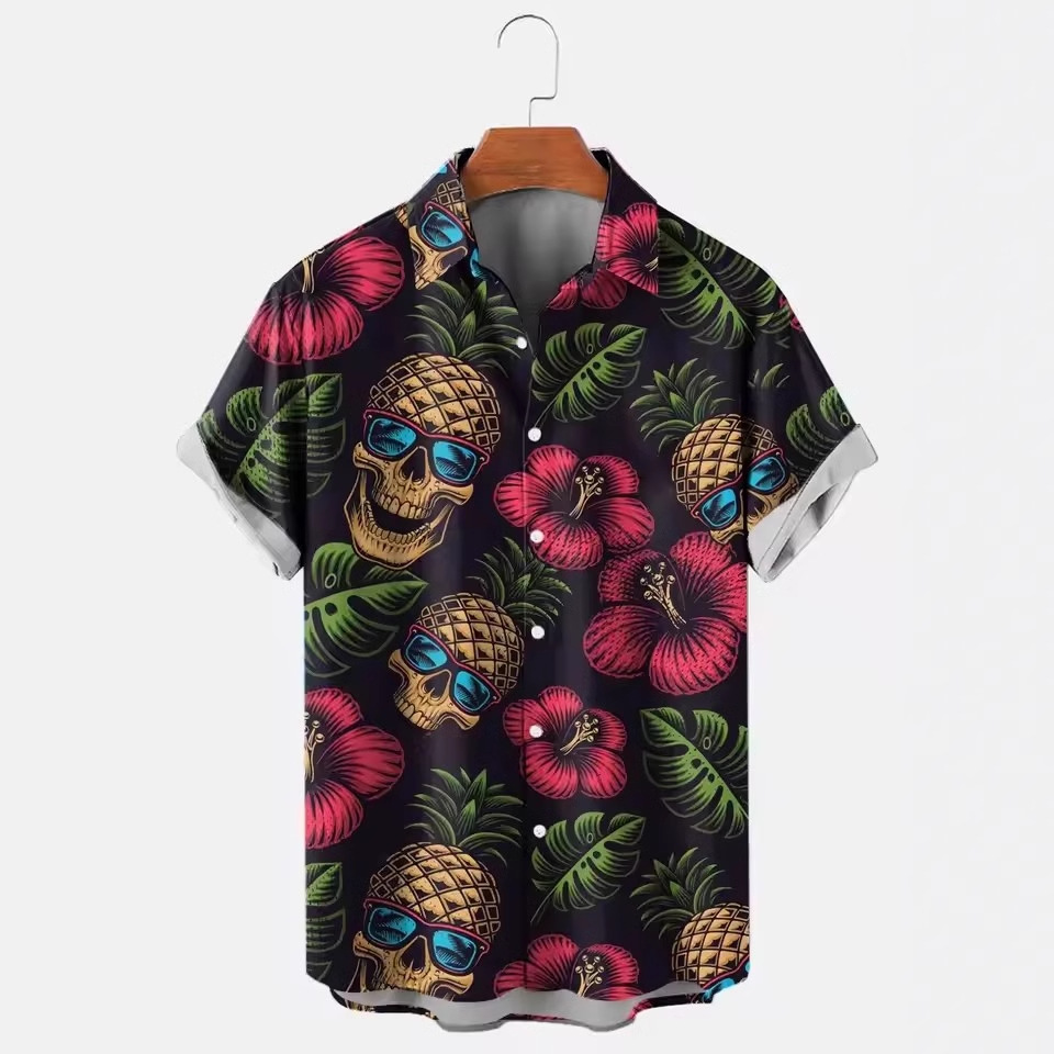 AliExpress Europa y América Venta caliente Colorido Abstracto Diversión Skull Impresión 3D Camisa suelta de manga corta con botones de verano para hombres