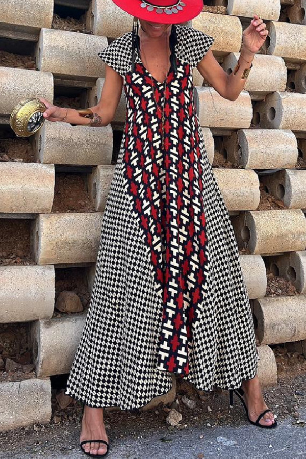 Women's Swing Dress Simple Style V Neck Backless Short Sleeve Geometric Color Block Maxi Long Dress Holiday Daily display picture 3