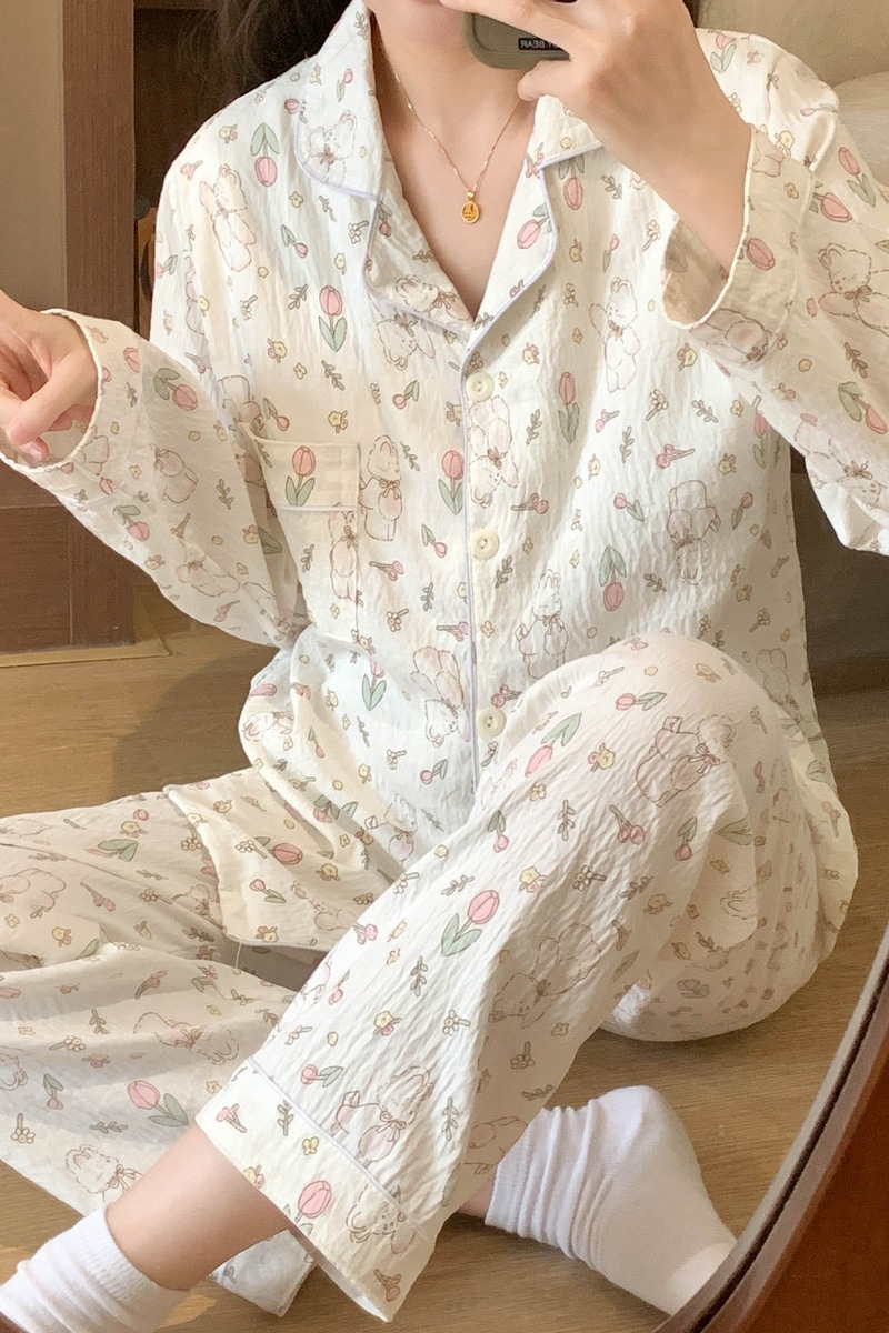 Venta al por mayor transfronteriza de algodón de nube pijamas de cachorro rizado simple japonés pantalones de manga larga de primavera y otoño para mujer