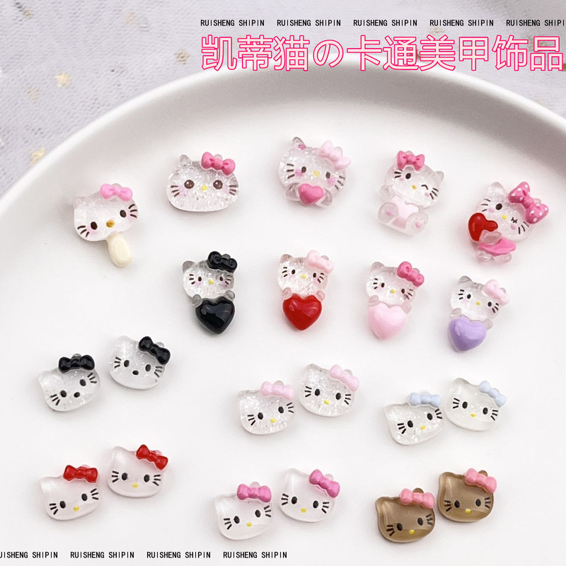 Hello Kitty Cartoon Nail Art Accessories Cute Three-Dimensional Thin Flash Bow KT Cat Resin DIY Nail Hair Card Accessories