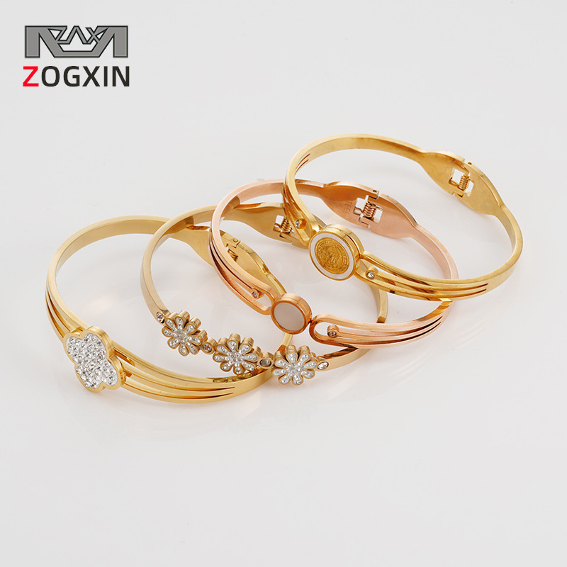 定制跨境18K金不锈钢镶钻花朵手镯 欧美钛钢卡扣贝壳小邹菊手环