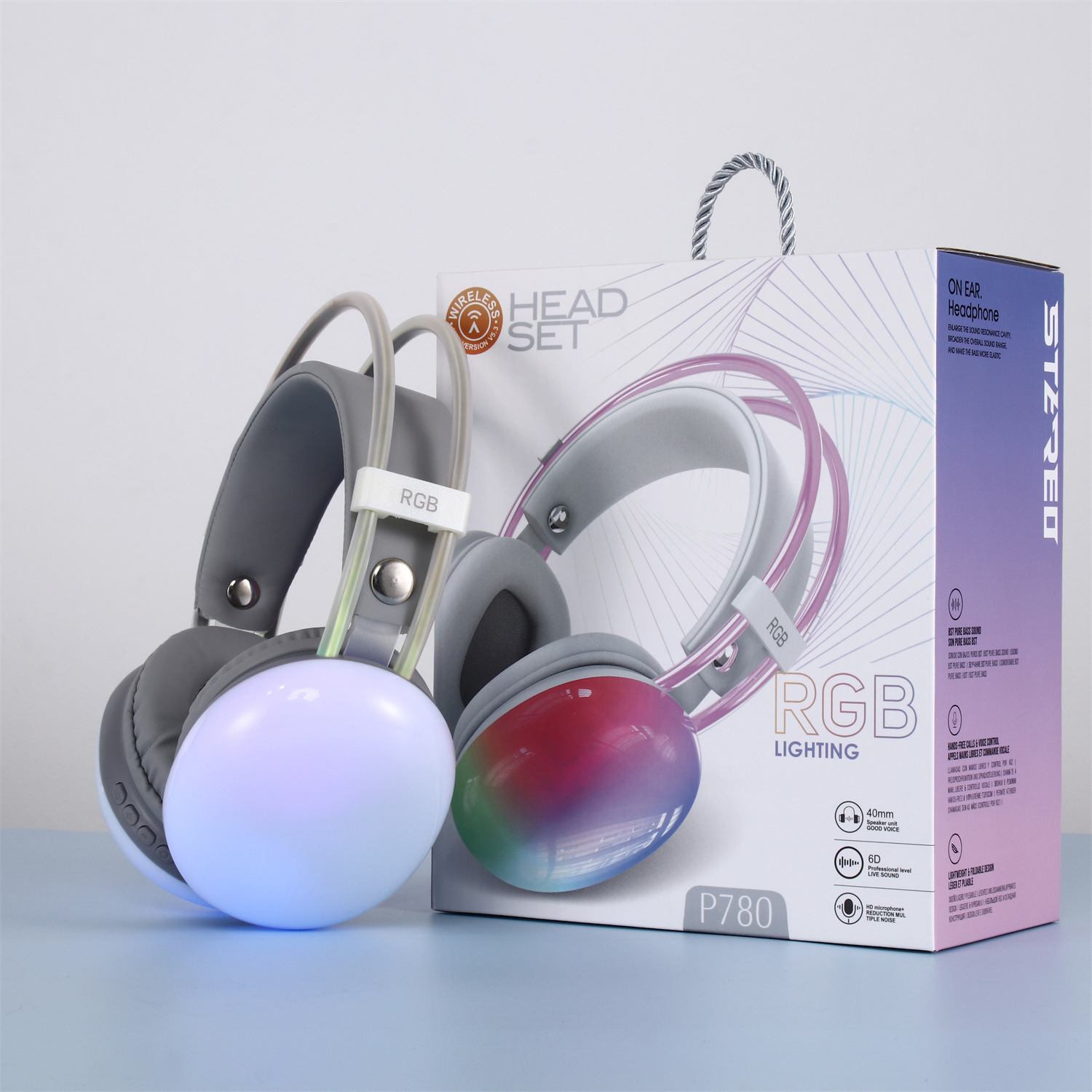 Nuevo auricular Bluetooth montado en la cabeza transfronterizo, auricular inalámbrico RGB luminoso de graves pesados, duración de la batería ultralarga y reducción de ruido