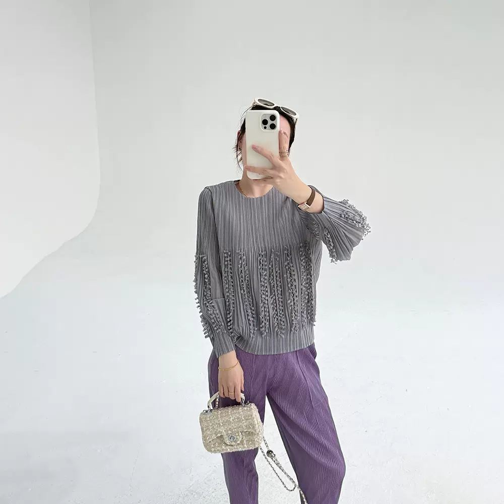 2025秋季新款泡泡袖流苏设计感长袖T恤女减龄宽松褶皱妈妈装上衣