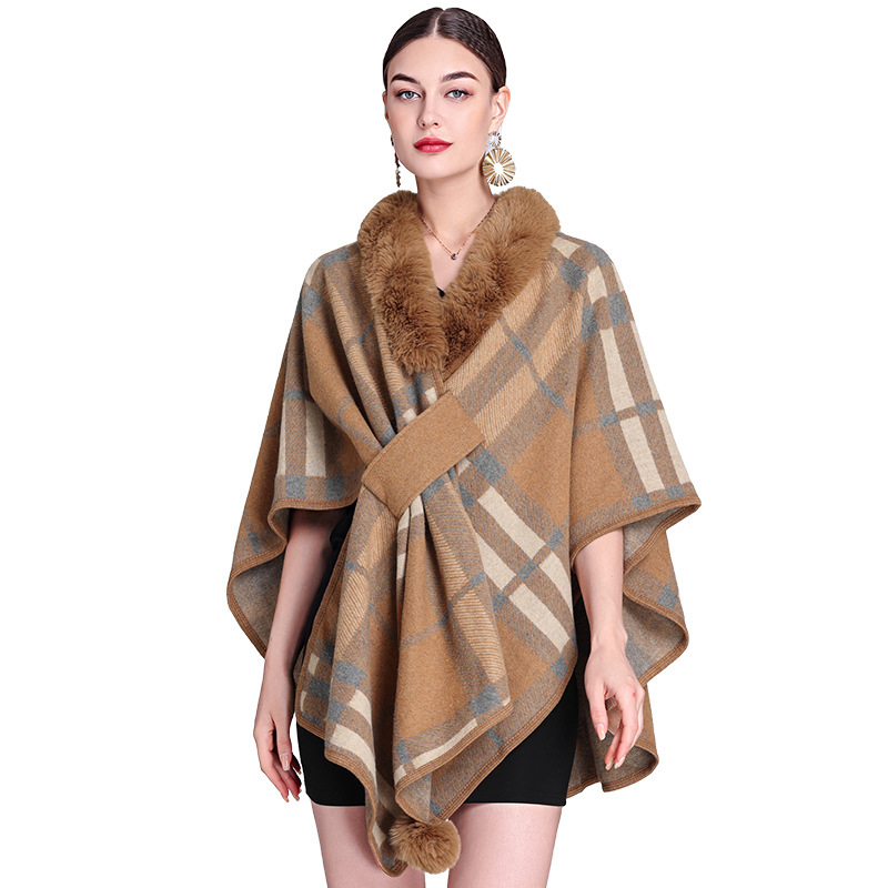 Locker gestrickter Damen-Cardigan-Mantel mit Pelzkragen und Haarballen-Jacquard-Umhang_voghion.com