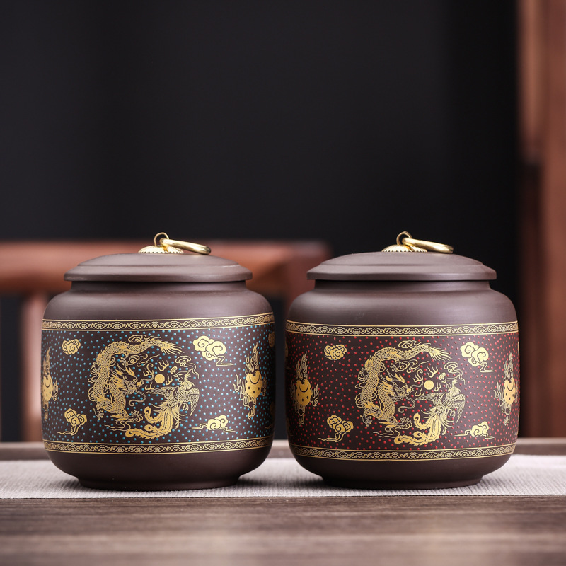 Full Color Fortune Character Dragon and Phoenix Zisha Tea Can Tea Sealing Can Medium Size Black Tea Pu-erh Storage Can Gift Box Available for Wholesale