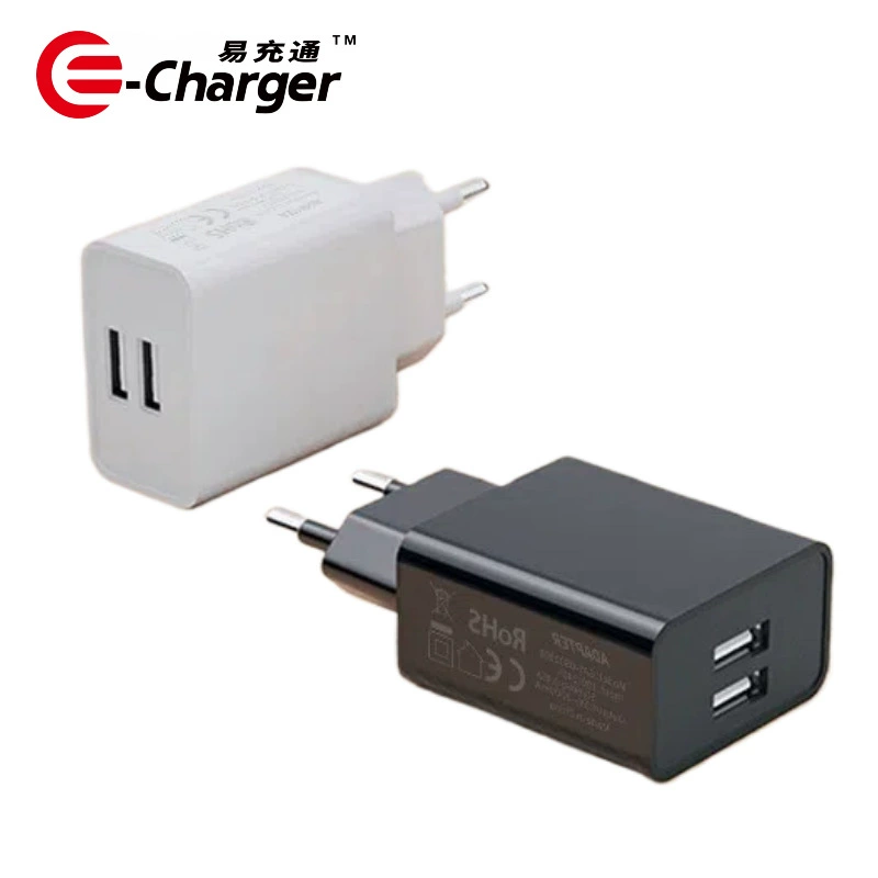 Зарядное устройство с двумя USB портами, выход 5В 2,4А, сетевой адаптер ЕС/США регуляции, черный или белый