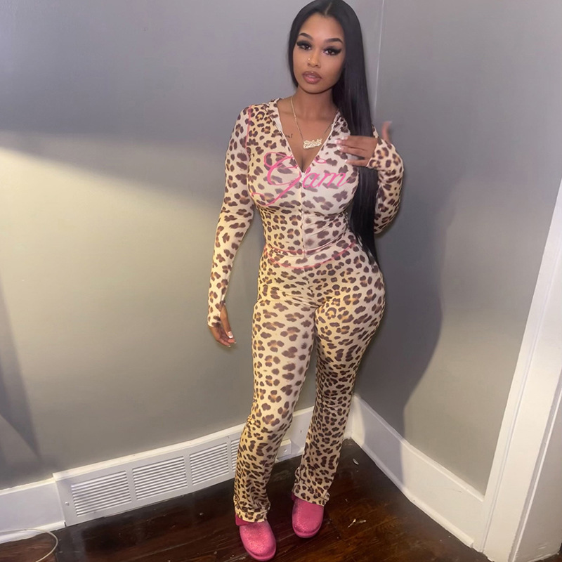 Cross-Border European And American Style 2024 Summer New Printed Hooded Cardigan Top Leopard Print High Waist Tight Long_ecoleips.com