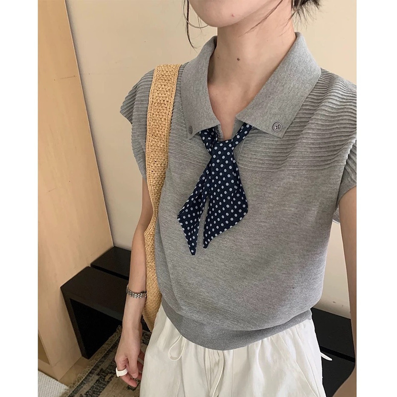 Chic Gray Polo Shirt Loose Small Flying Sleeve Knitted Short-Sleeved T-Shirt Women's Summer Design Right Shoulder Ice Silk Top