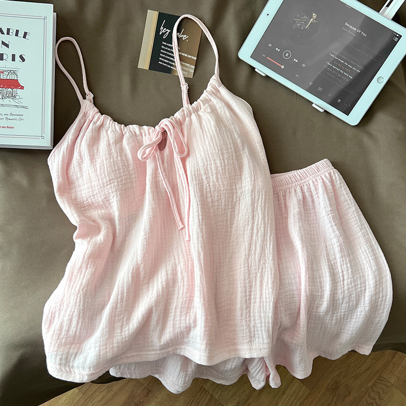 Girls' Pink Suspender Pajamas Women's Summer Pure Cotton Thin Sexy Pure Desire with Breast Pads Bow Vest Home Clothes