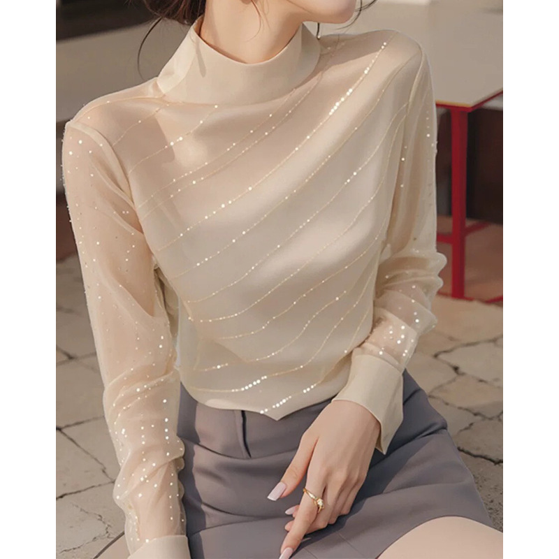 in stock manufacturers wholesale new beautiful small shirt chiffon beige sequins long sleeve bottoming shirt women's clothing