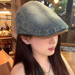 韩国批发复古水洗牛仔前进帽夏季百搭韩版大头围遮阳防晒贝雷帽子